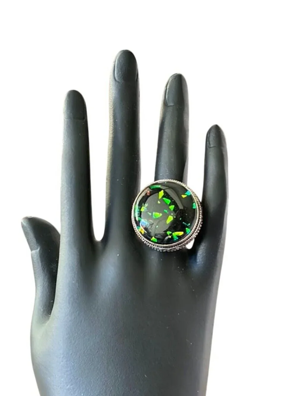 Simulated Fire Black Opal Round Stone Statement Ring 925 Silver Plated - Size 7